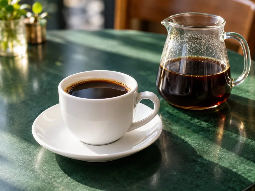 Eine Tasse hell gerösteten finnischen Filterkaffee auf einem Café-Tisch