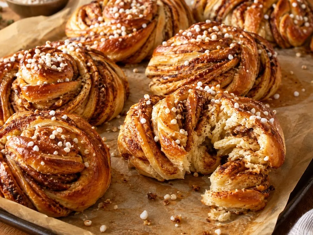 Un bollo finlandés <em>korvapuusti</em> con las capas desplegadas
